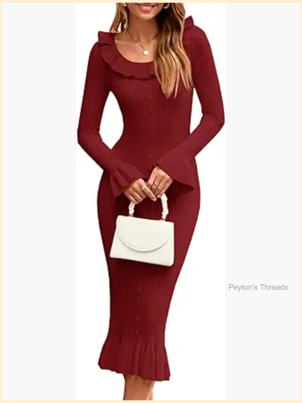 Womens Bodycon Midi Sweater Dress Ribbed Knit Bell Long Sleeve Ruffle Crewneck